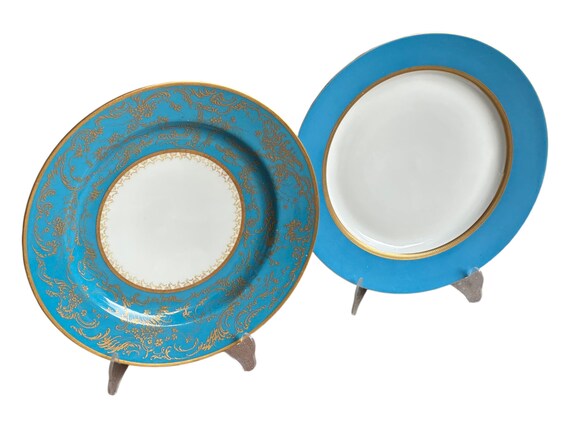 2 Antique French Limoges Dinner Plates w Rich Cerulean Blue Borders, Wide Embossed Gilded Features, Holiday Table, Heirloom Quality, C 1800s