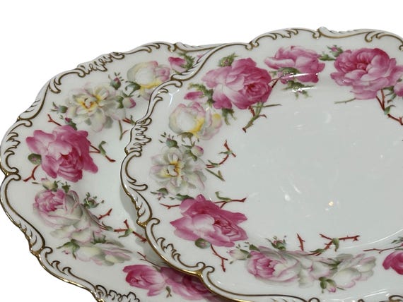 Rare 1891 1932 Cauldon Antique China Set: Hand-Painted Pink Rose Dessert Plates with Gilt Embellishments