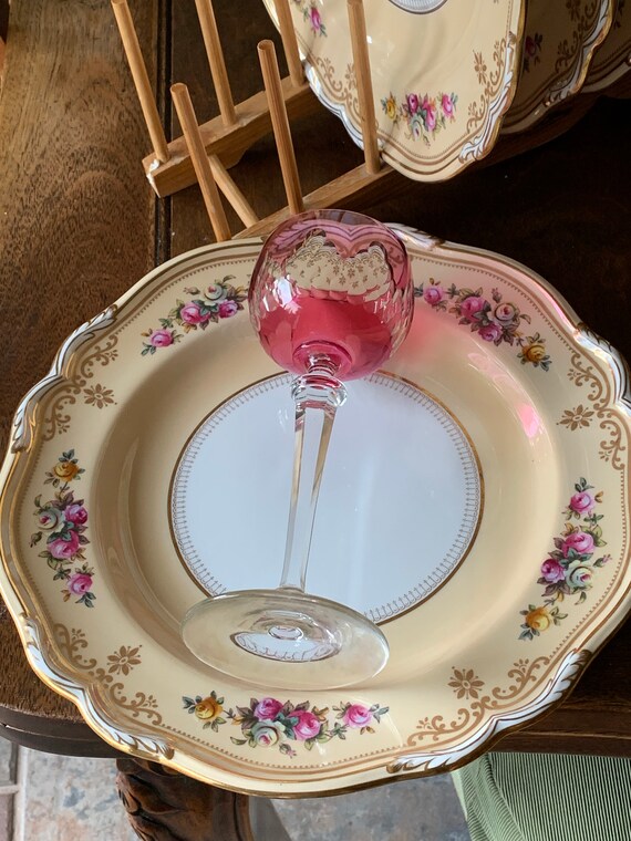 1927 Peach Copeland Spode Dinner Plates: Pink Roses Gilded Scalloped Rims