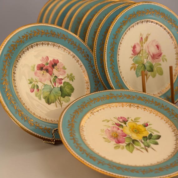 Pale Blue Botanical Dessert Plates Embossed Gilded Embellishments Heirloom Quality Porcelain China Set