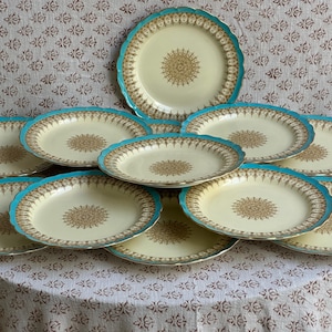 Antique Royal Worcester Dessert Plates: Turquoise & Gilt, C 1890 (Set of 12)