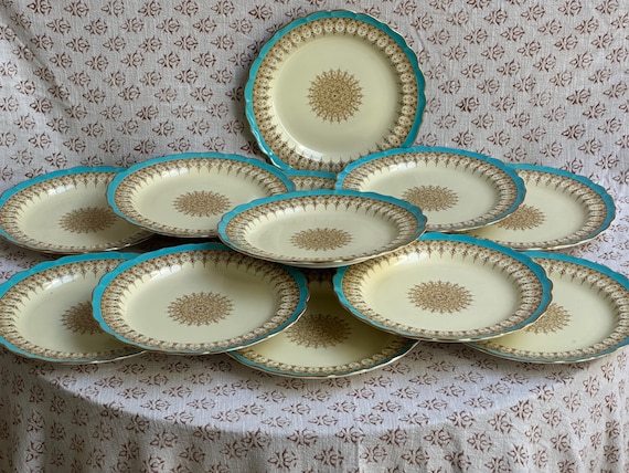 12 Antique Turquoise Royal Worcester Dessert Plates On Ivory Ground w Hand Painted Center Medallion and Gilt Trim, Holiday Table , C 1890
