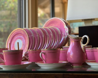 Antique Pompadour Pink Tea Set w White Jeweling, Elaborate Gilded Rims, Tea Cups, Dessert Plates, Cake Plates, Milk Jug, Circa 1800s