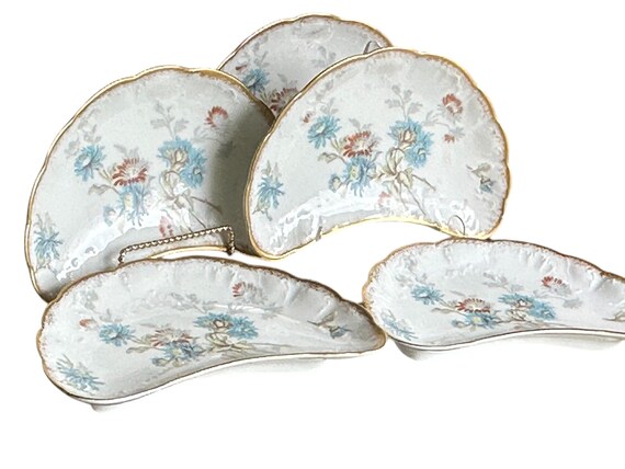 5 Antique Guerin Limoges Dessert Plates w Scalloped Crescent Shape Hand Painted Blue and Rust Florals Gilt Trim Circa 1891 1932
