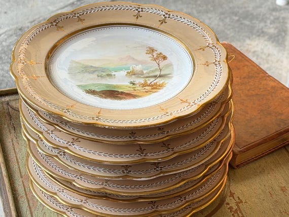 1800s Cafe Au Lait French Dessert Plates with Fleur de Lis and Scalloped Rims