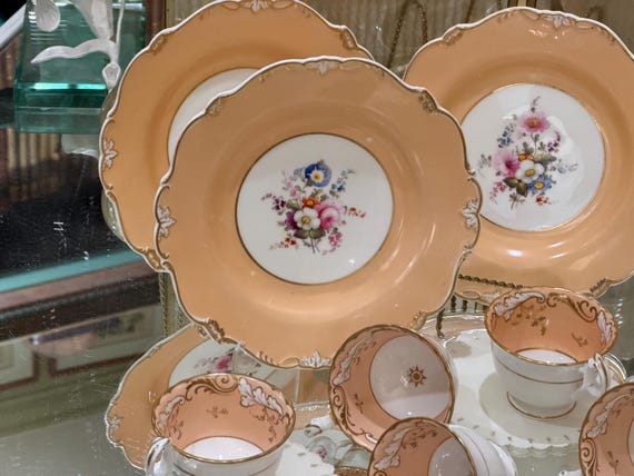 Antique English Dessert Plates: Hand-Painted Floral Center, Gilded Rim 19th Century