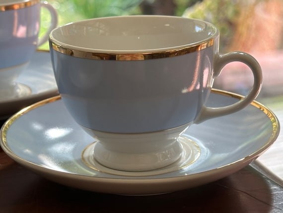 Vintage Soft Blue Tea Set, 4 Teacups w Matching Saucers, Gold Trim, French Classic Style, EasterTable, Spring Pastels, Timeless Quality