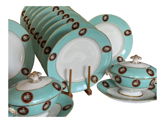 Antique French Aqua Dessert Set: Hand Painted Floral Old Paris Porcelain with Gilded Trim 16pc c1800s