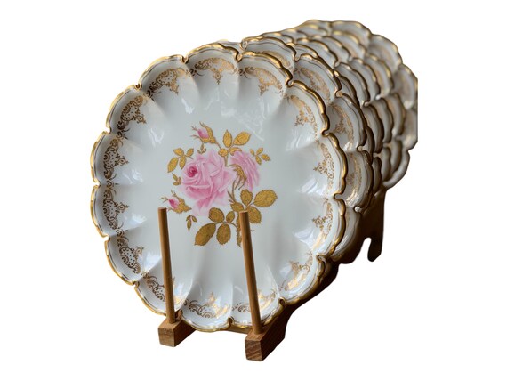 Vintage Hand-Painted Botanical Rose Plates with Gold Trim-Rare Antique English Tableware Set