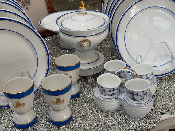 Antique French Dessert Breakfast Porcelain Set, Blue Cobalt Trim, 24-Piece