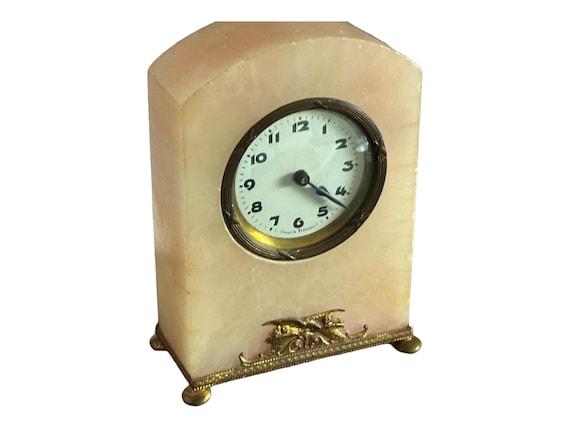 Antique German Alarm Clock Pink Alabaster Body Bronze Footed Embellishments Circa 1920s It Works