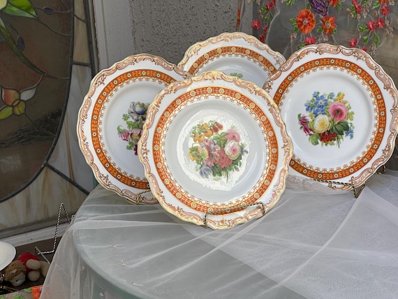 Four Antique Copeland Spode Dinner Plates with Hand-Painted Jeweled Florals Gift for Collector