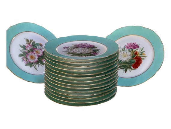 Antique French Old Paris Aqua Dessert Set: 14 Plates 2 Cake Stands Hand Painted Florals Gilded Rims 1800s