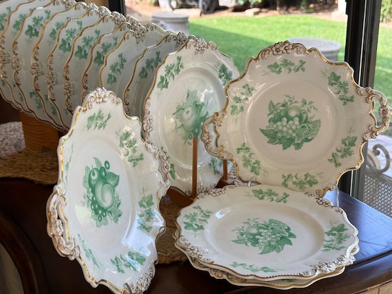 14Pc Rare Georgian English Dessert Service for 12 w Hand Painted Green Grisaille Fruit Leaves, 12 Dessert Plates, 2 Serving Dish, Circa 1830