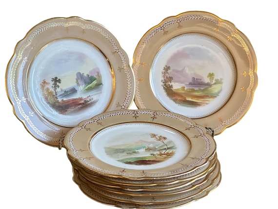 1800s Cafe Au Lait French Dessert Plates with Fleur de Lis and Scalloped Rims