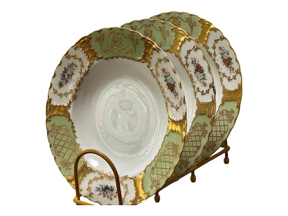 3 Antique Limoges Hand Painted Monogrammed Soup Plates Soft Green Panels Florals Heavy Gilding Artist Signed Family Heirloom Wedding Gift