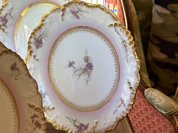 Antique French Pink Dessert Plates:  Gilded Scalloped Rims  Lavender Floral Sprigs