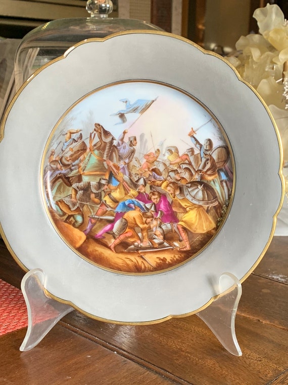 Antique French Paris Wall Plates with Silver Trim and Battle Scenes