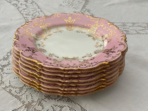 Rare 1891 1932 Cauldon Antique China Set: Hand-Painted Pink Dessert Plates with Gilt Embellishments