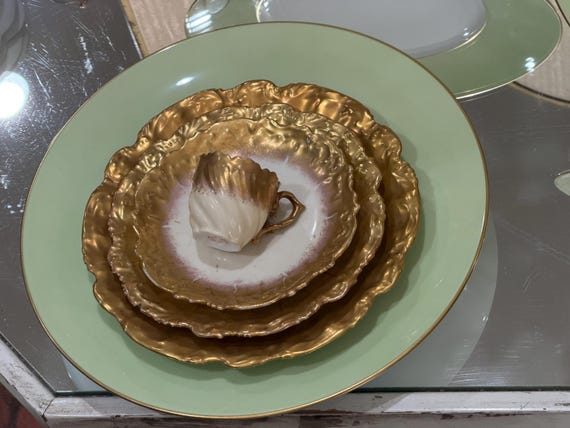 Limoges 12-Inch Green Dinner Plates Set: Jean Louis Coquet Chargers