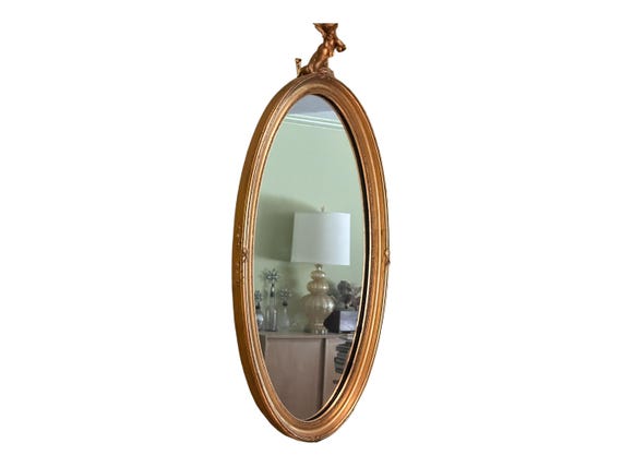 Vintage Gold Oval Wood Mirror w Mold of Cupid Playing Instrument, Wood Backing, Feminine Vibe, Musician, Timeless Quality