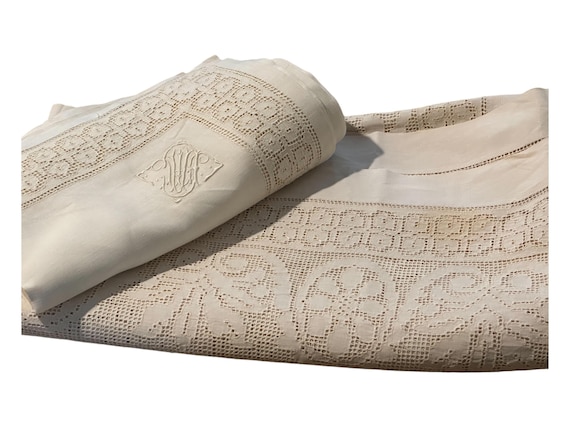 Vintage French Ecru Tablecloth Set: Embroidered Monogram, Cutwork Runner and 9 Matching Napkins   1920s