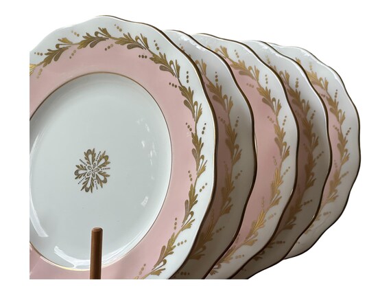 5 Vintage Foley Bone China Dinner Plates: Pink Border Gilded Accent Medallion 1948 1963 Wedding Gift