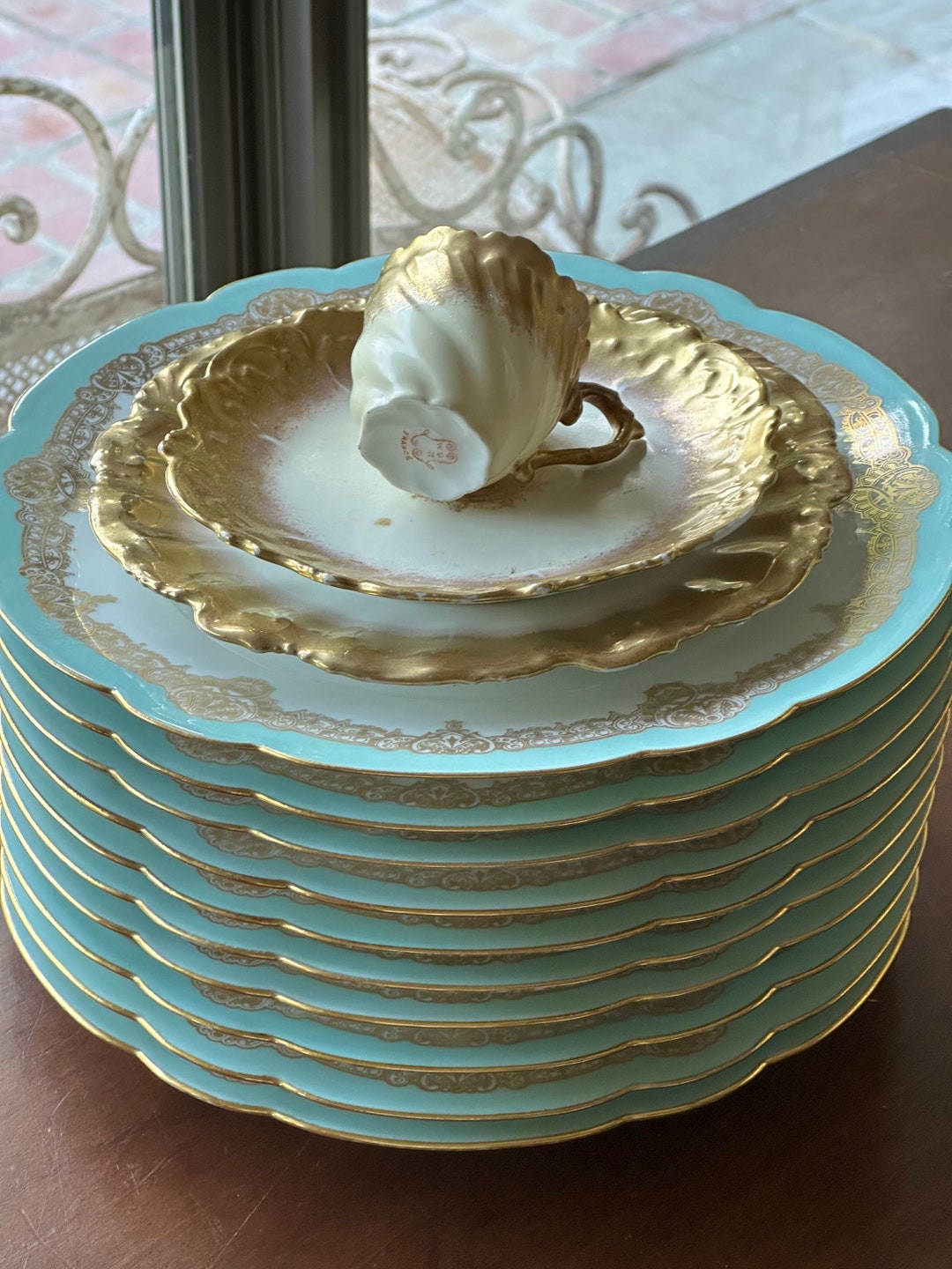 Antique French China Set, 10 Old Paris Aqua Wedding Dinner Plates W