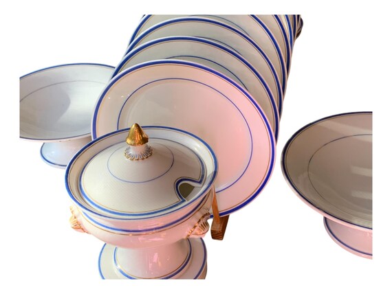 16Pc Antique Blue White Old Paris Dessert Set w Rare Sauce Tureen Family Heirloom Wedding Gift for Bride  12 Dessert Plates Circa 1800s