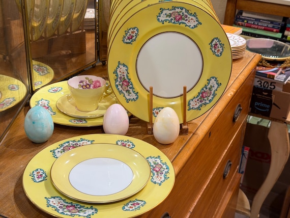1920s Cauldon Yellow Dinner Plates: Hand-Painted Florals with Turquoise Scrolled Trim