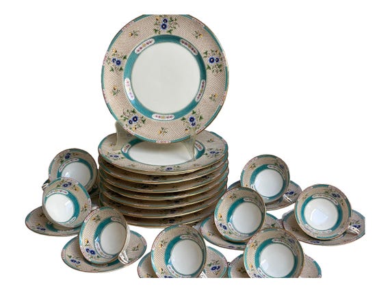 24Pc Antique Aqua Royal Doulton China Set Family Heirloom China Raised Basketweave Floral Border Wedding Gift for Bride Service for Eight