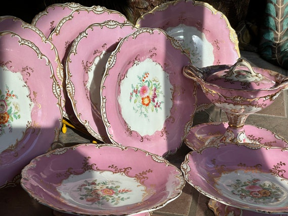 1873 Pink Botanical Pink Dessert Set with Compotes and Sauce Tureen