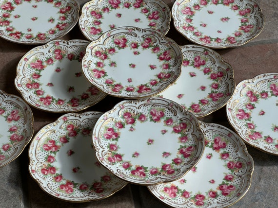 Antique Royal Doulton Plates: Hand-Painted Pink Roses Gilded Scrolls Scalloped Rims Set of 11 C 1903