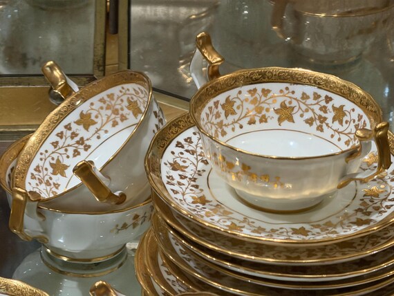 Ten Cauldon Bouillon Soup Bowl Sets with Gilded Embossed Florals Holiday Table