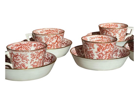 Antique Minton Teacup Set with Red Seaweed Pattern Circa 1891
