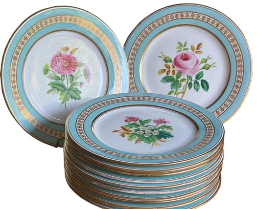 12 Rare Antique English Botanical Dessert Plates Family Heirloom Soft Aqua Embossed Gold  Border Birthday Gift for China Collector