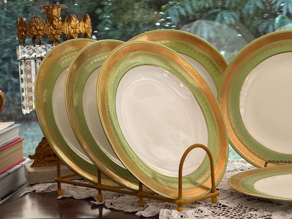 1920s Green Wedgwood Plates: Set of 12 with Gold Embossed Design