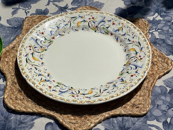 Vintage French Gien Toscana Dinner Plates-Blue Yellow Floral Faience Border Collectible Dinnerware