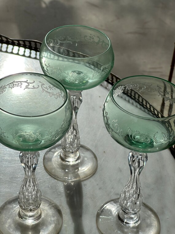 Antique Mint Green St Louis Crystal Short Wine Hocks with Engraved  Design Clear Stems Circa 1910
