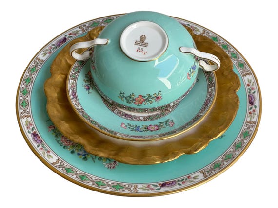 18Pc Aqua Wedgwood China Set Timeless Heirloom China Wedding Gift for Bride Embossed Hand Painted Enameled Bird And Florals Holiday China