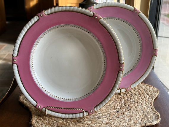 Antique Pink Royal Worcester Soup Plates, Roped White Rims, Gilded Accents Circa 1863- 1876