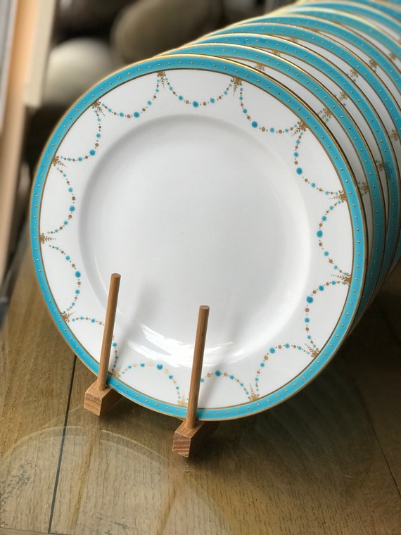 1890s Aqua George Jones Dinner Plates: Jeweled Gilt Rim, Set of 8
