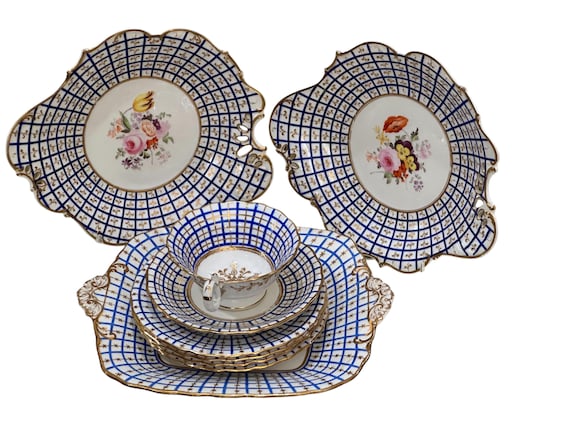 1820 English Blue  Dessert Set: w Unique Plaid Border