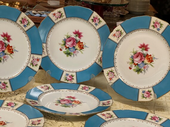 Vintage Floral Dinner Plates Hand Painted Garden Theme with Turquoise Panels and Gilded Rims Set of 6