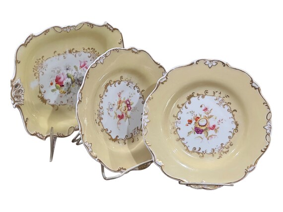 3Pc Rare Antique English Botanical Dessert Set w Pale Yellow Border, Hand Painted Floral Center, Gilded Scalloped Rim, Cottage Style, C1800s
