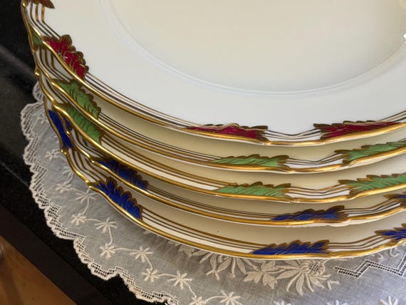 Vintage Coalport Dinner Plates Set: 1940s Multi-Colored Leaf Design English China 5 Pieces