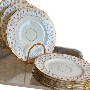 Antique Doulton Plates with Hand-Painted Roses Turquoise Swags and Scalloped Gilded Edges