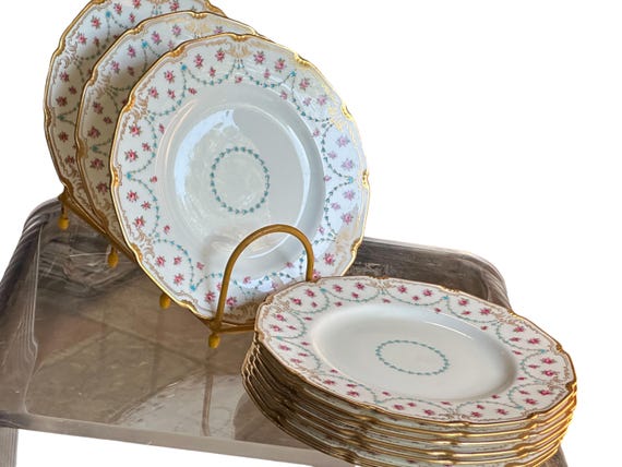 10 Antique Royal Doulton Dessert Plates, Enameled Turquoise Swags, Hand Painted Pink Roses, Scalloped Gilded Rims, Circa 1903
