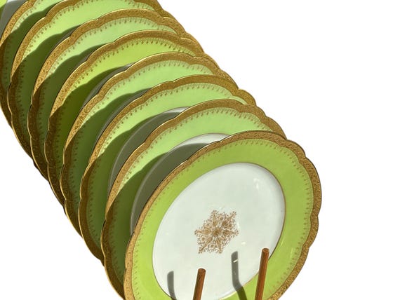 Antique China Set,9 Limoges Green Desert Plates With Gilt Scalloped Rims and Center Medallion, Circa 1910s