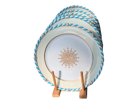 Antique Cauldon Dinner Plates: Cream  Border Turquoise and Gold Roped Rim Medallion Center (1920s)